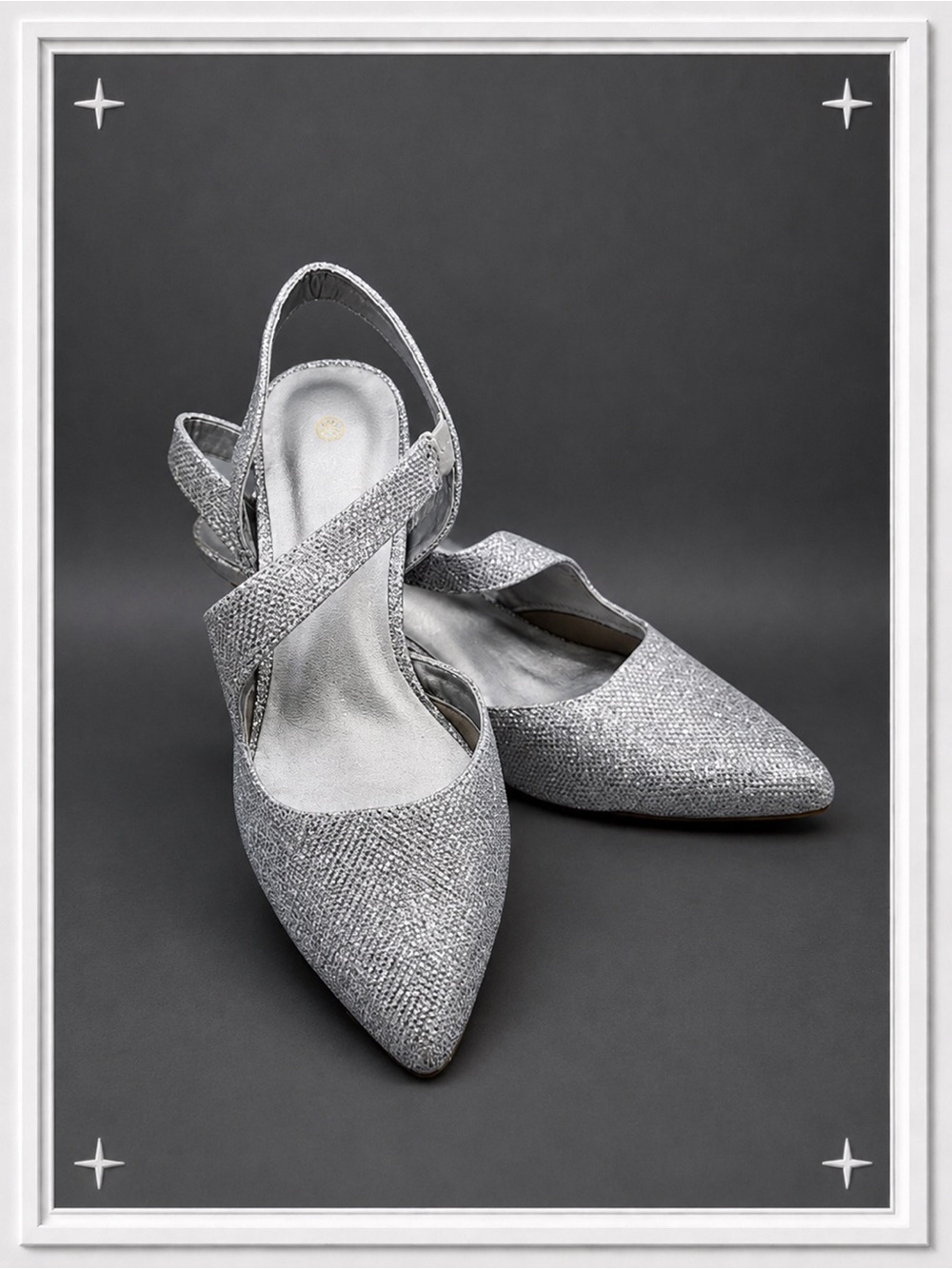 Silver Glitter Pointed Toe Slingback Kitten Heels | Women's 8.5